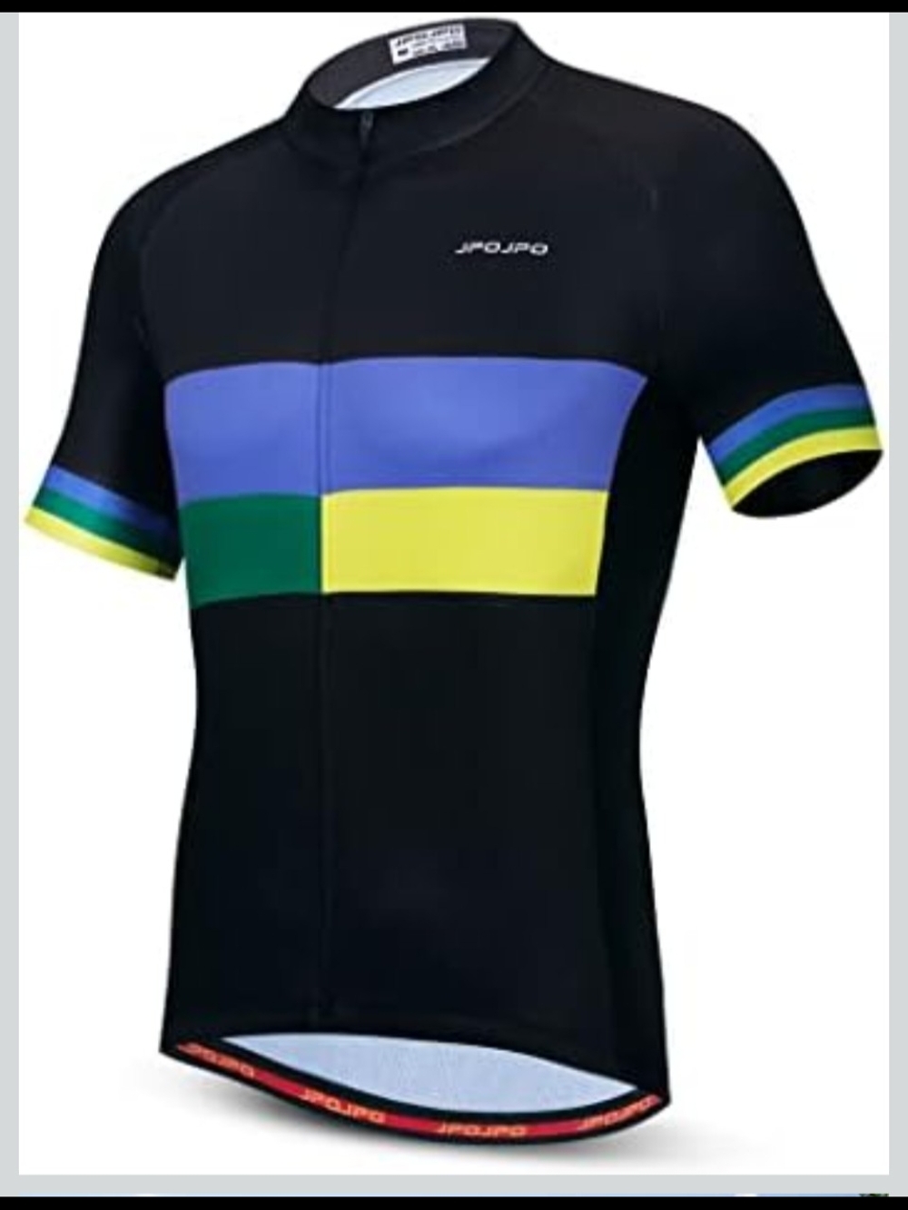 JPOJPO Black Cycling Jersey with Blue, Green & Yellow Stripes